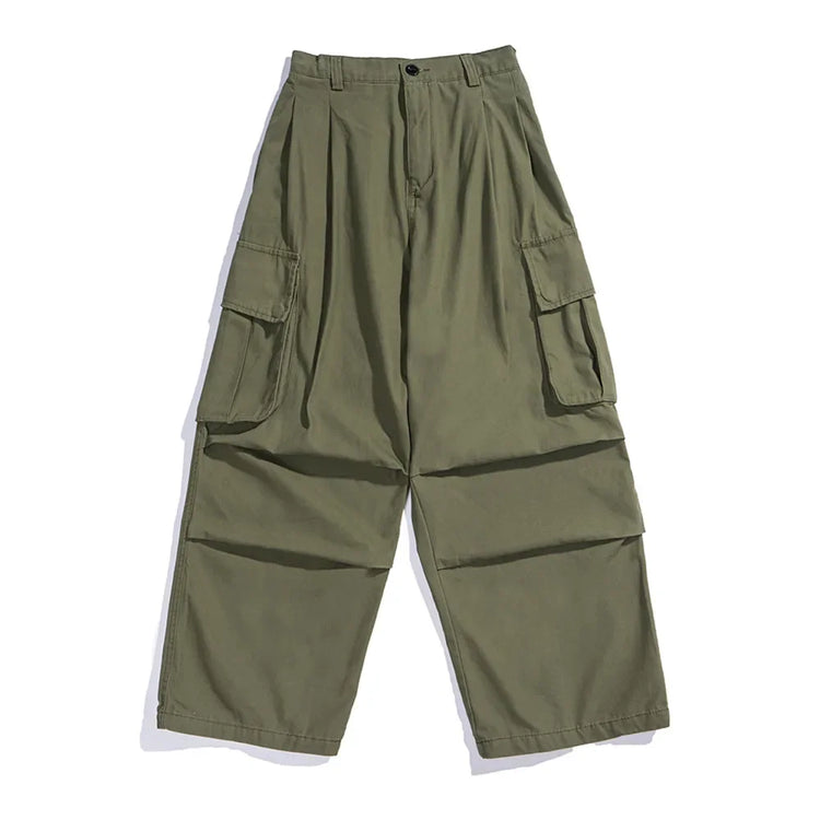 Multi-Pocket Cargo Pants Mens Safari Style Solid Color Pleated Loose Straight-leg Pants Elastic Waist Casual Trousers Men