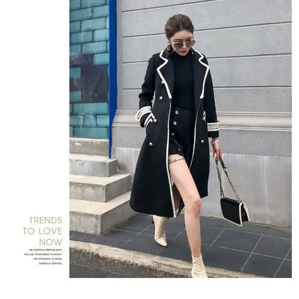 Women White Long Woolen Coat Autumn Winter British Hepburn Style Thicken Slim Double-Breasted Woolen Coat New Women Outwear
