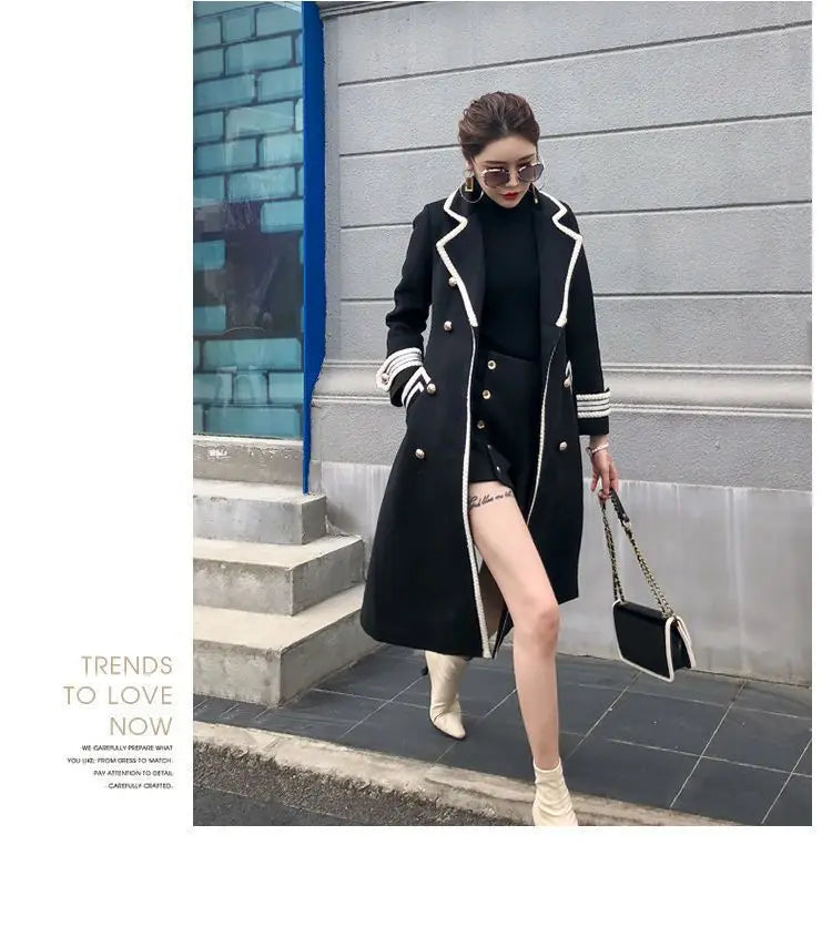 Women White Long Woolen Coat Autumn Winter British Hepburn Style Thicken Slim Double-Breasted Woolen Coat New Women Outwear