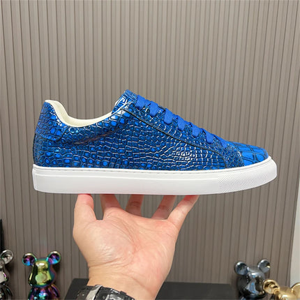 Leather Sneakers Men Calfskin Alligator Pattern Casual Shoes Lace Up Flats Daily Footwear