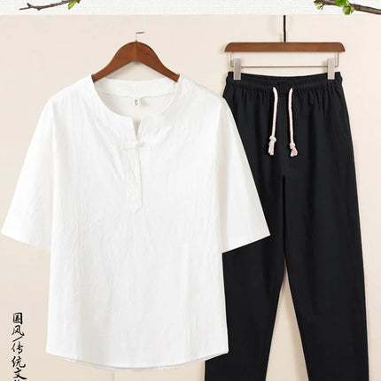 Set da due pezzi da uomo (camicie + pantaloni) in cotone di lino comodo abito Tang pantaloni Kungfu larghi nuova camicia casual retrò a maniche corte da uomo