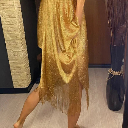 Abito copricostume da spiaggia lavorato a maglia trasparente con nappe sexy con frange Tunica in rete lucida per costumi da bagno da donna Abito da spiaggia leggero con copertura in rete platinumshop