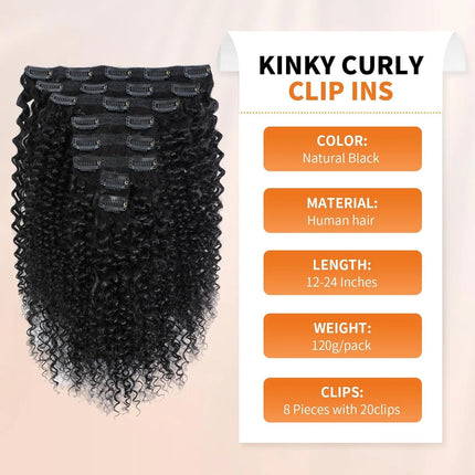 Kinky Curly Clip Ins Human Hair 3C 4A Curly Clip In Extensions for Black Women 8 Pcs 20 Clips 120g/Set 10A Brazilian Human Hair