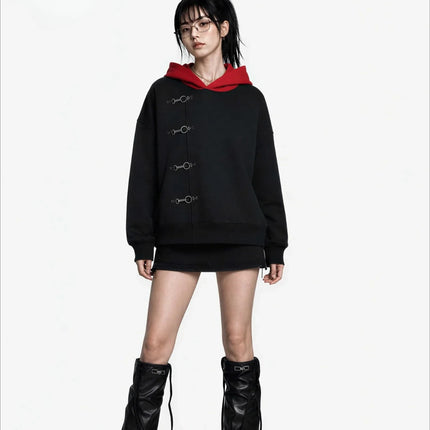 Y2K Red Itadori Hoodie Oversized Black Red Spliced Metal Button Casual Sweatshirt Trendy and Simple Men Women Streetwear Jacket