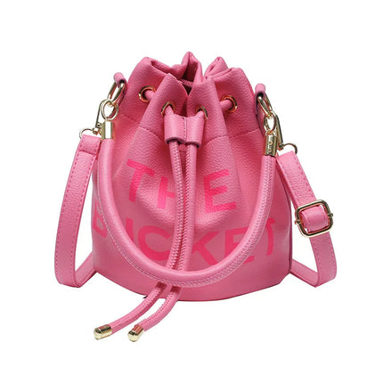 Spring New Fashion Letter PU Leather Bucket Bag Women Simple City Style Shoulder Handbag Trendy Crossbody Satchel Handbag PlatiNum