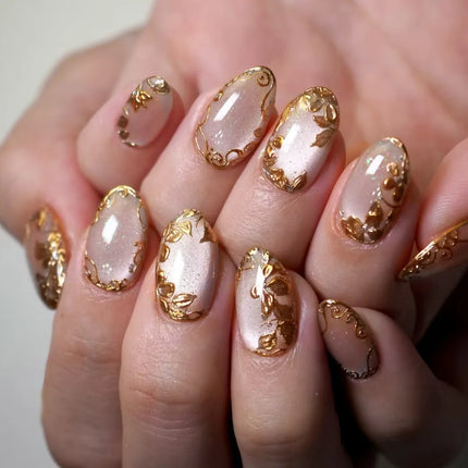 24Pcs Medium Almond Nude‑Pink 3D Textured Metallic Cat‑Eye French Sheer Press‑On False Nails For Nail Art Decor