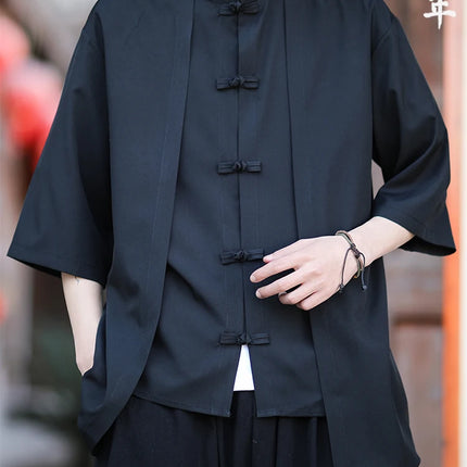 Camicia cinese da uomo in seta di ghiaccio stile cinese comoda camicia retrò traspirante da uomo casual estiva vestibilità ampia moda tinta unita