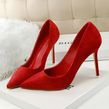 Donne 9 cm Tacchi alti Festa quotidiana Décolleté in pelle scamosciata colorata Scarpins femminili Stiletto Banchetto serale Rosso Giallo Scarpe Plus Size 34-43