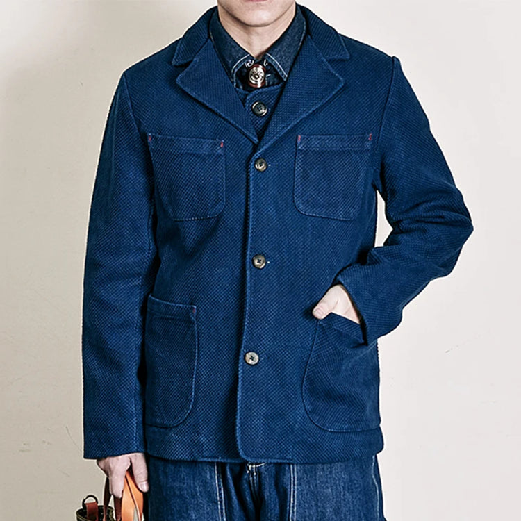 Men's Indigo Cargo Jacket Height Weight Cotton Lapel Multi-pocket Jacket Male French Vintage Thick Workwear Tooling Jacket Coat