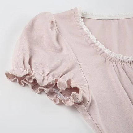 Sweet Button Up Women's Summer Top Cute Slim Fit Contrast Lace Stitching Bow Square Collar T-Shirt Y2K Korean Tees