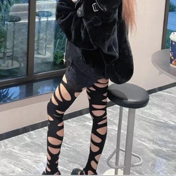 Calza traforata sexy da donna Halloween gotico nero punk cinturino strappato Y2k collant sfilacciato calze intimo festa collant