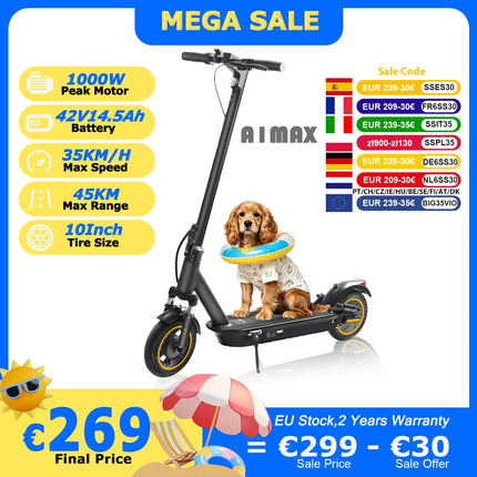 Monopattino Elettrico AOVOPRO TX01 con Motore Potente da 500W, 35KM/H, 45KM di Autonomia, Batteria 42V 14.5AH, Pneumatici da 10 Pollici, Pieghevole Intelligente A1MAX