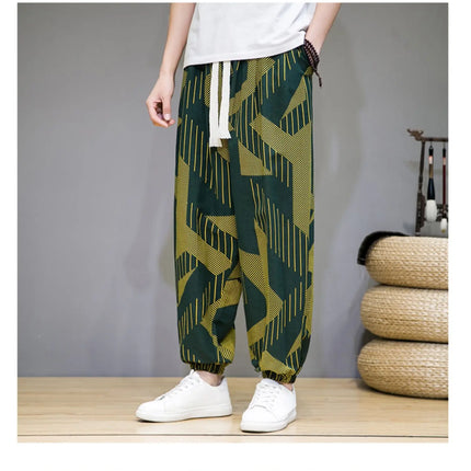 Pantaloni Primavera-Estate da Uomo in Stile Cinese, Sottili e Traspiranti in Cotone e Lino, con Vita Elastica, Pantaloni Harem Stampati Casual e Comodi