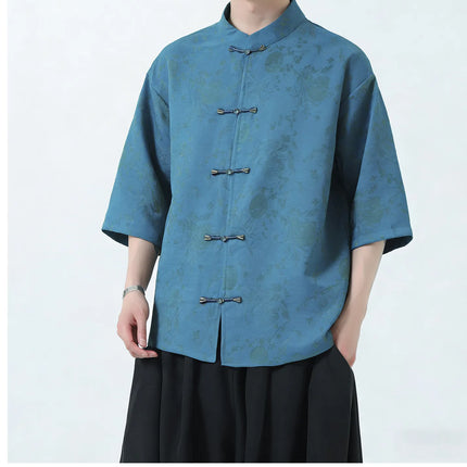 Camicie Estive da Uomo in Stile Cinese Tradizionale, Camicia Casual Kung Fu Tai Chi, Camicia di Lusso Jacquard Traspirante a Maniche Corte