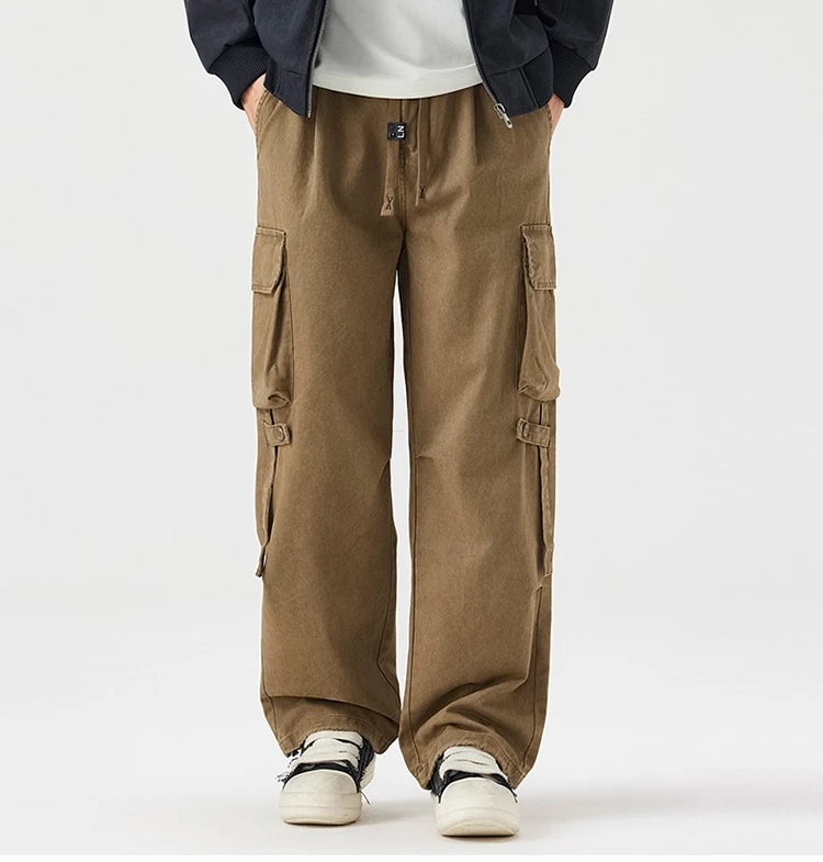 Autumn New Cargo Loose Multi-pockets 100% Cotton Straight Pants for Men Clothing Comfort Zipper Male Trouser GF258113