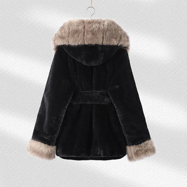 Casual Patchwork Faux Fur Collar Women's Coat Lace Up Pockets Thicken Lady Coats 2026 Autumn Winter Female Street Outerwear