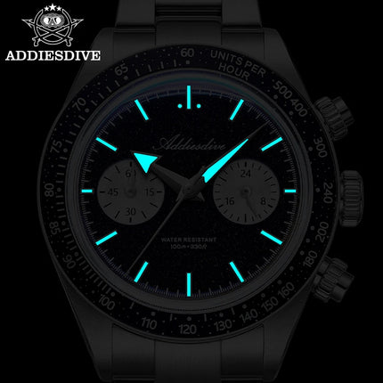 ADDIESDIVE Mens Quartz Chronograph Watch VK64 Movement 40mm Stainless Steel K1 Bubble Crystal BGW9 Lume 100M Water Resistant