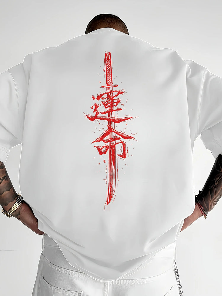 Stampa con spada da samurai giapponese sul retro, maglietta a maniche corte da uomo