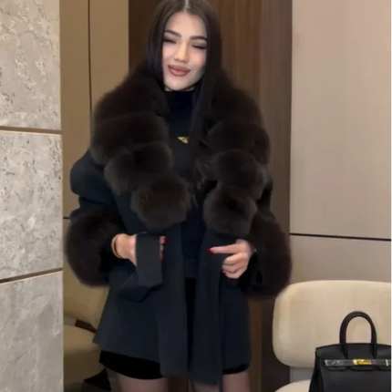 Lady Faux Fur Collar Cuffs Patchwork Short Overcoat  Belted Lace Up Loose Warm Jacket New Winter Daily Street Women's Outerwear
