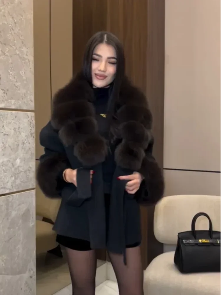 Lady Faux Fur Collar Cuffs Patchwork Short Overcoat  Belted Lace Up Loose Warm Jacket New Winter Daily Street Women's Outerwear