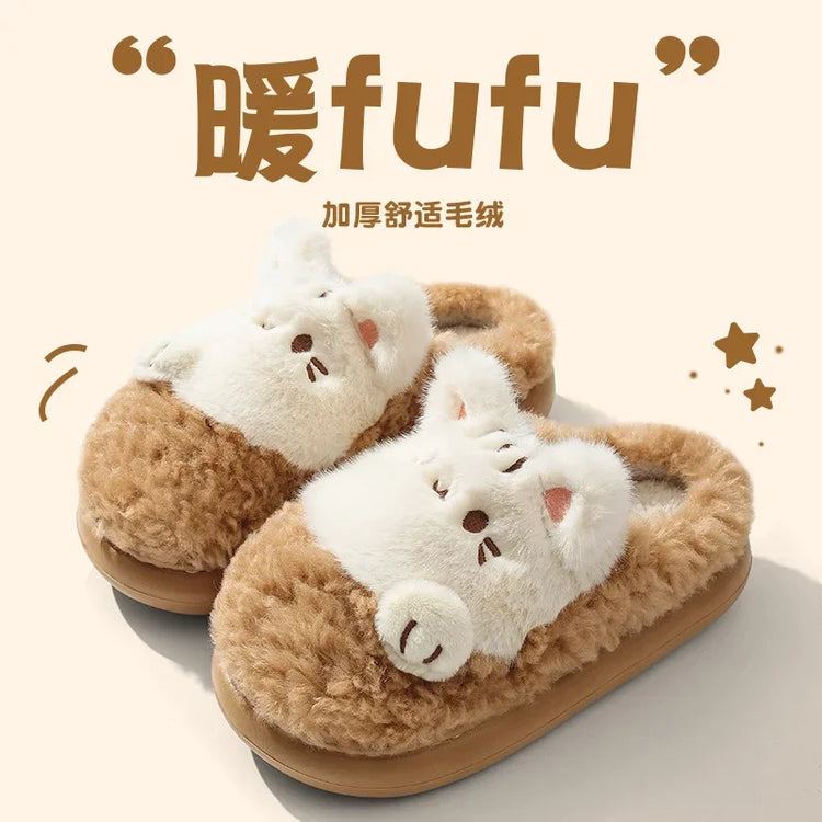 Women's Cute Cat Plush Cotton Slippers Autumn & Winter Home Anti Slip Thick Bottom Cotton Slippers Soft and Warm Indoor Slippers