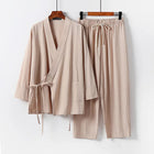 2025 Men's Summer Cotton Linen Two Pieces Chinese Style Lace Up Kimono Tops+Pants Casual Suit Male Vintage Hanfu Tang Suit M-9XL PlatiNum