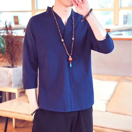 Kimono da uomo in stile giapponese corto a mezza manica in cotone traspirante camicia da uomo T-shirt giapponese estiva Yukata cardigan lavorato a maglia con piume