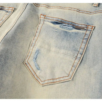 Designer High Street Fashion New Light Blue Men's Jeans Stretch Slimming White Leather Patch Hip Hop Brand Pants HombreY2K PlatiNum
