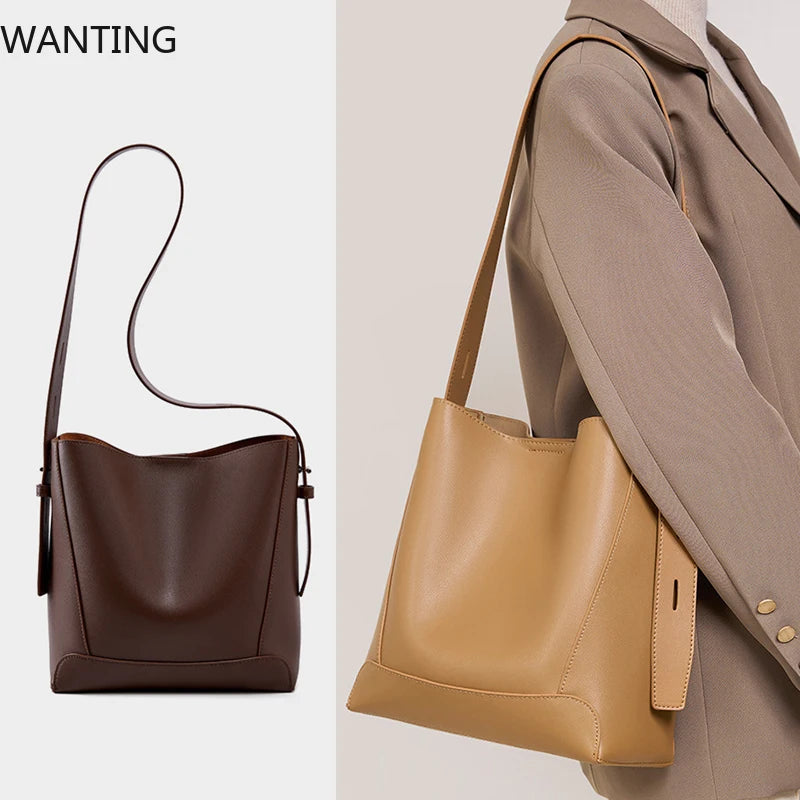 100% Genuine Leather Women Shoulder Bag Large Capacity Cowhide Bucket Bags Fashion Casual Female Crossobdy Bag 2391