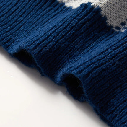 Retro Trendy Plaid Jacquard Pattern Pullover Sweater Casual Round Neck Color-Block Knit Men's Pullover