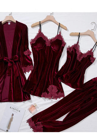 TOP Casual Velluto Abbigliamento per la casa 4 pezzi Set da notte Intimo Lingerie Pigiama da donna Completo a maniche lunghe in pizzo Velluto Homewear Pigiama set
