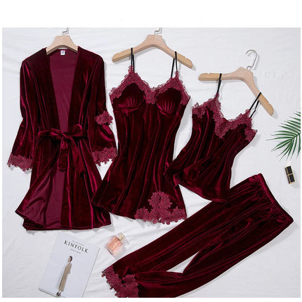 TOP Casual Velluto Abbigliamento per la casa 4 pezzi Set da notte Intimo Lingerie Pigiama da donna Completo a maniche lunghe in pizzo Velluto Homewear Pigiama set