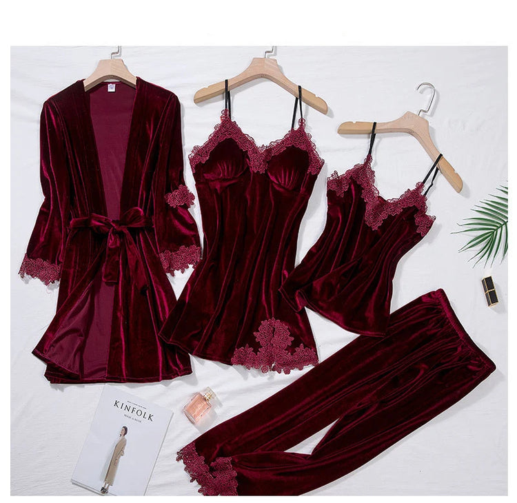 TOP Casual Velluto Abbigliamento per la casa 4 pezzi Set da notte Intimo Lingerie Pigiama da donna Completo a maniche lunghe in pizzo Velluto Homewear Pigiama set