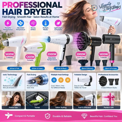 Professional Hair Dryer 1200W 1600W 2000W Powerful Fast Drying Foldable Portable Blow Dryer Adjustable Heat Speed Ionic Hair Care with Diffuser Concentrator for Home Salon Styling Travel