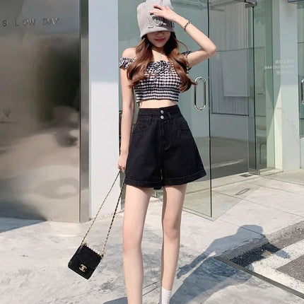 Women's summer thin denim shorts with loose fit high waist slimming effect wide legs and rolled edge hot pants for outerwear PlatiNum