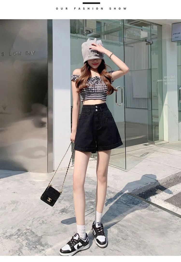 Women's summer thin denim shorts with loose fit high waist slimming effect wide legs and rolled edge hot pants for outerwear PlatiNum