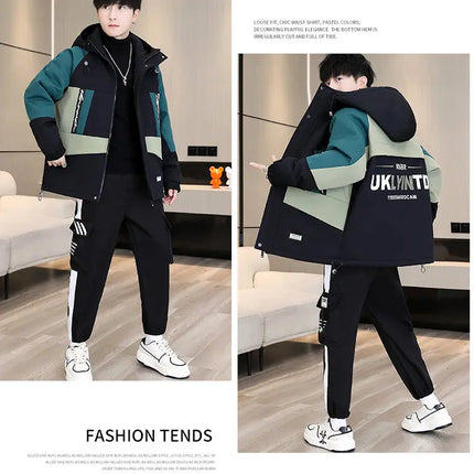 Men's Casual Wool Lined Thickened Hooded Set Fashionable Warm Sweatshirt Jacket Trendy Autumn Winter Men 2 Piece