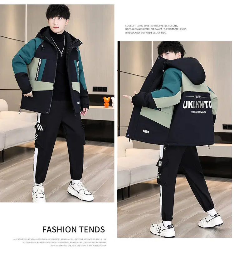 Men's Casual Wool Lined Thickened Hooded Set Fashionable Warm Sweatshirt Jacket Trendy Autumn Winter Men 2 Piece