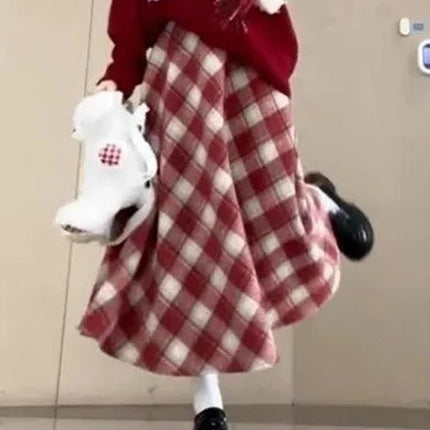 Red Plaid Midi Skirt Women Fall Winter Vintage High Waist Sweet Woolen Cloth Skirts Retro Loose Preppy Aesthetic Female Skirt PlatiNum
