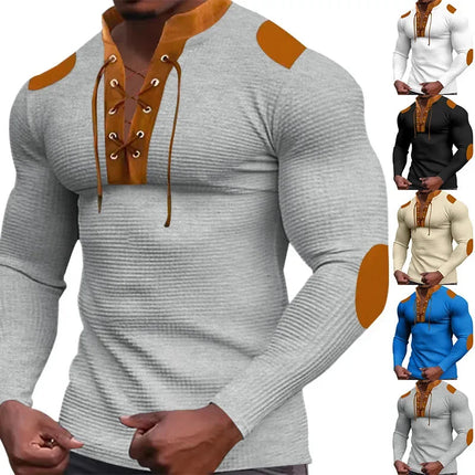 Cross-border new men's waffle color matching strap V-neck top casual long-sleeved bottoming T-shirt PlatiNum