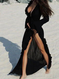 Sommerliches Strandkleid mit V-Ausschnitt, langen Ärmeln und Rüschen, weite Strandabdeckung für Damen