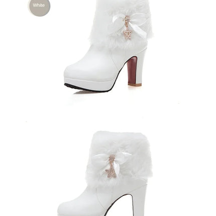 Snow Boots Womens Winter Warm Plush Fashion High Heels Pink White Black Fur Bowt Dress Party Wedding Platform Boots 526-1
