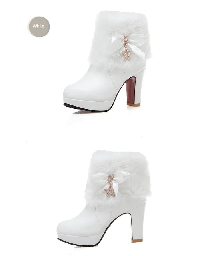 Snow Boots Womens Winter Warm Plush Fashion High Heels Pink White Black Fur Bowt Dress Party Wedding Platform Boots 526-1