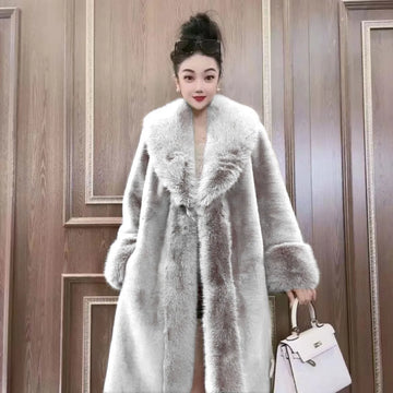 Faux Fur Coats Women Long Coat Thick Warm Turn Down Collar Open Stitch Spring Outerwear Jackets Elegant Splice Autumn Winter