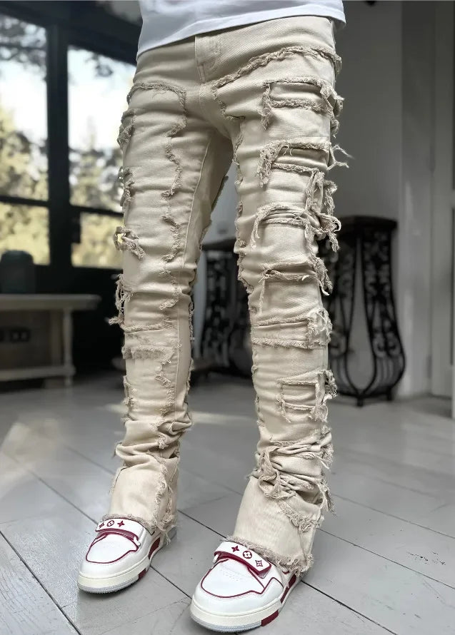 Men's Regular Fit Stacked Jeans Ripped Slim Fit Patch Distressed Destroyed Straight Denim Pants Hip Hop Streetwear Trouser Cloth PlatiNum