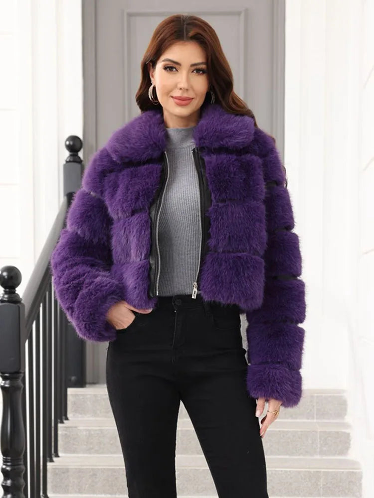 ZADORIN 2025 Chic Winter Fur Coats Woman Spliced Cropped Fluffy Faux Fur Jacket Woman Lapel Zipper Fox Fur Faux Coat Y2K Clothes