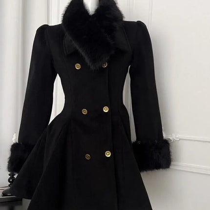 Winter Hepburn Black Fur Collar Woolen Coat French Style Vintage Blends Slim Mid-length Outwear Elegant Lolita Warm Outfits New