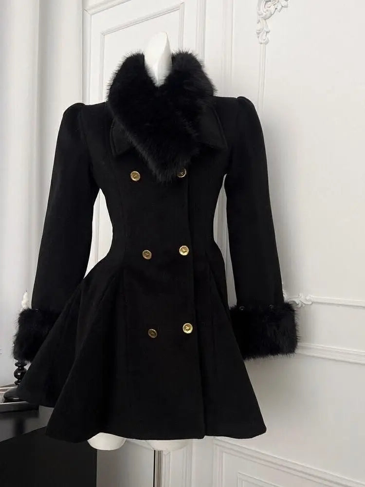 Winter Hepburn Black Fur Collar Woolen Coat French Style Vintage Blends Slim Mid-length Outwear Elegant Lolita Warm Outfits New
