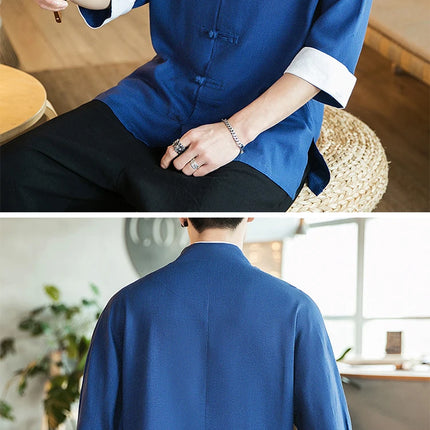 Camicia stile cinese da uomo Tang Suit Lino Kung Fu Cardigan maschile allentato Top Ricamo retrò Camicie kimono samurai giapponesi Streetwear