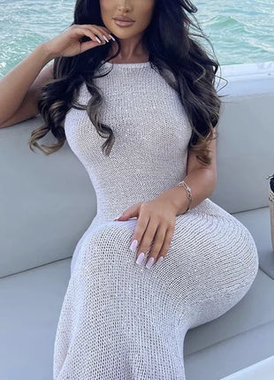 Abito lungo senza schienale per le vacanze al mare, copricostume da spiaggia con paillettes scavate in maglia, elegante moda estiva per le donne platinumshop